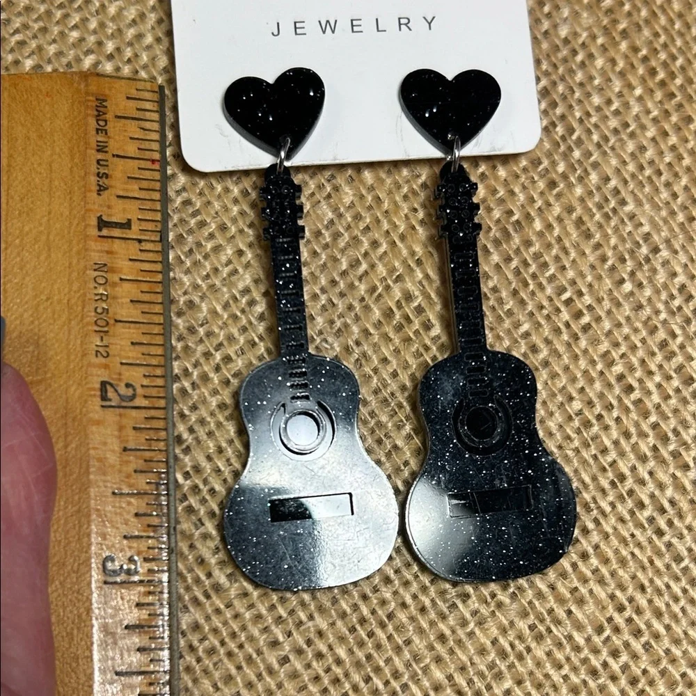 Black Glitter Guitar Heart Drop Earrings